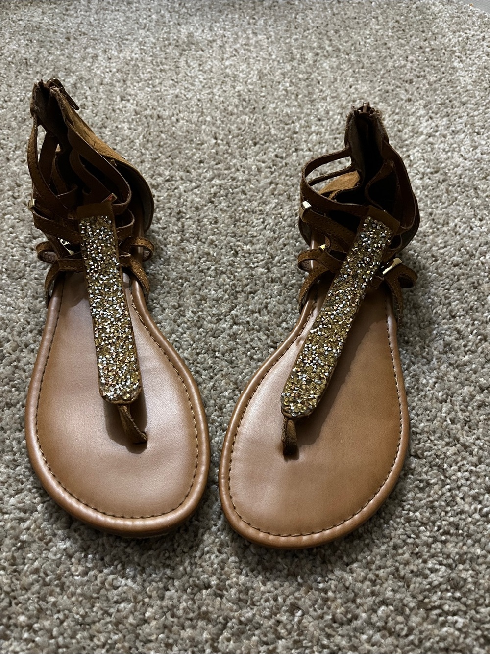Route 66 Brown Sandal with Gold Glitter T-Bar